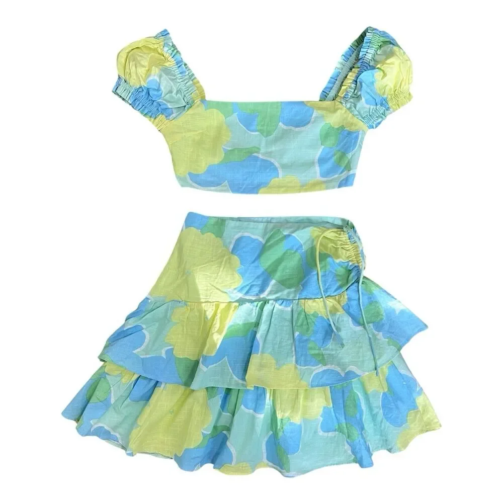 SABO SKIRT Jamila Floral Two Piece Set US 2 Puff Sleeve Crop Top Mini Skirt
